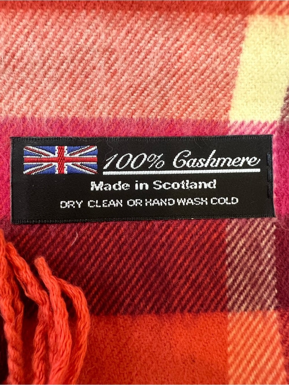100% Cashmere Plaid Scarf in Red, Pink, Orange made in Scotland